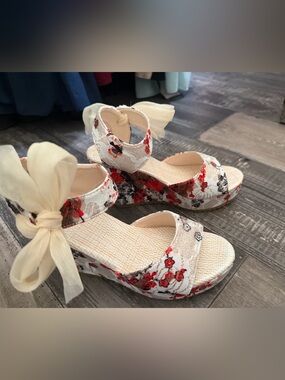 Floral Espadrille Wedge Sandals with Ivory Bow - Women
